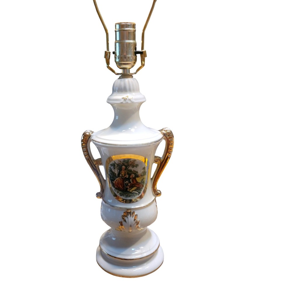Vintage French Provincial Porcelain Lamp Courting Couple Gold Gilt White Ceramic